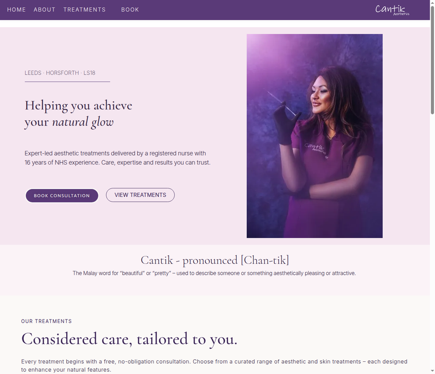 Homepage of the Cantik Aesthetics clinic website